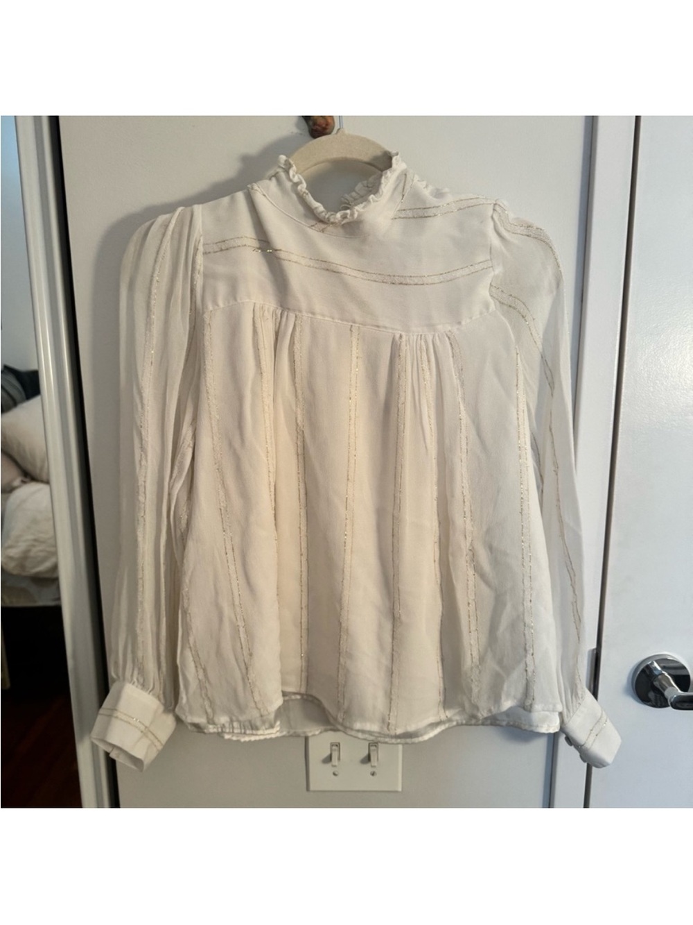 Anthropologie DRA Gold Metallic‎ Stripe Mock Neck Ruffle Blouse Size S